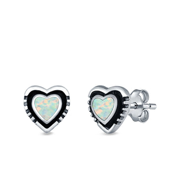 Heart Stud Earrings Lab Created White Opal 925 Sterling Silver (7mm)